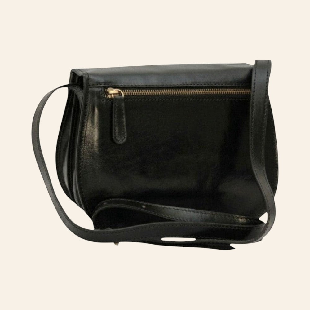 Borsa a tracolla Vetrina Fiorentina in pelle di vitello nera con tasca posteriore con zip e tracolla regolabile