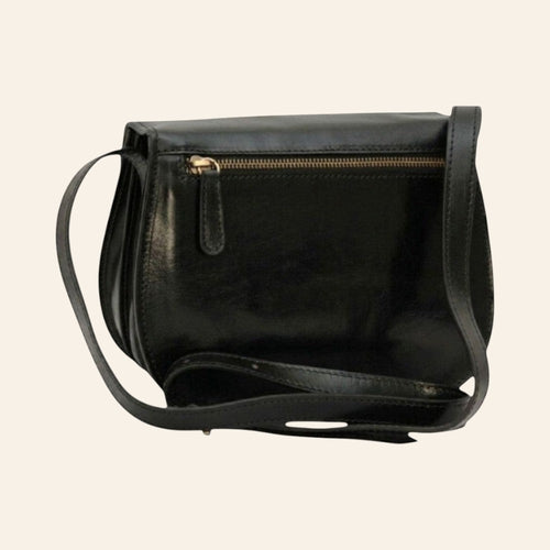 Borsa a tracolla Vetrina Fiorentina in pelle di vitello nera con tasca posteriore con zip e tracolla regolabile