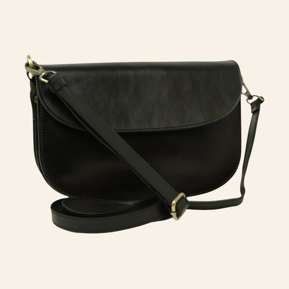 Borsa a tracolla in pelle di vitello pieno fiore nera con chiusura magnetica e tracolla regolabile