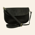 Borsa a tracolla in pelle di vitello pieno fiore nera con chiusura magnetica e tracolla regolabile