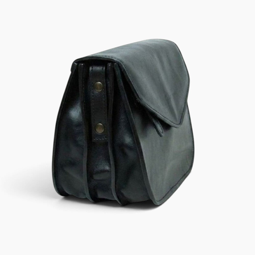 Borsa a tracolla Vetrina Fiorentina artigianale in pelle di vitello nera con patta e scomparti multipli
