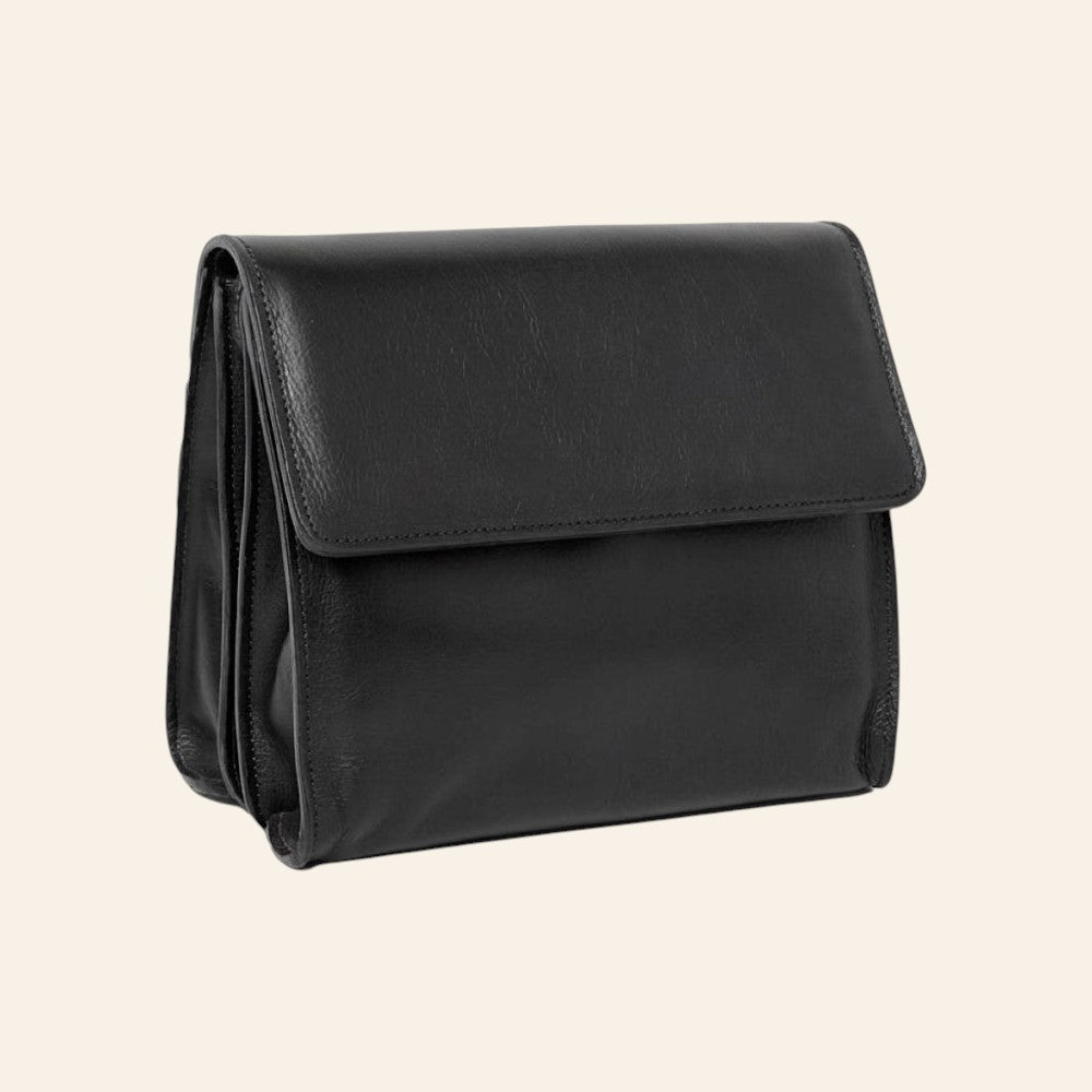 Borsa a tracolla Vetrina Fiorentina in pelle di vitello pieno fiore nera, vista laterale con patta