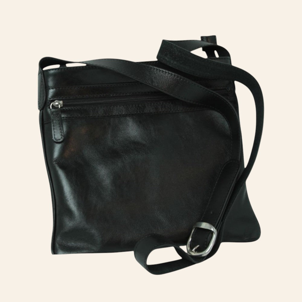 Borsa a tracolla Vetrina Fiorentina in pelle di vitello nera con chiusura a zip e tracolla regolabile