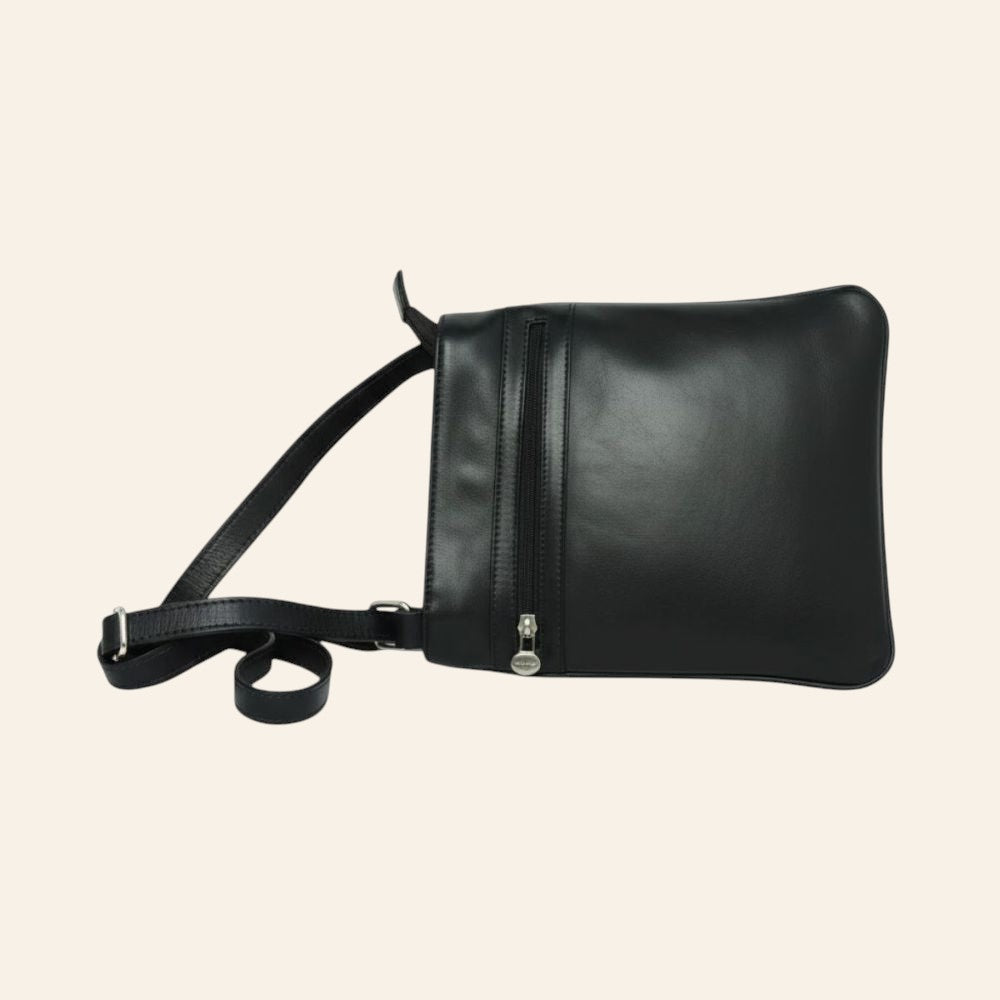 Borsa a tracolla Vetrina Fiorentina in pelle di vitello pieno fiore nera con chiusura a zip e tracolla regolabile
