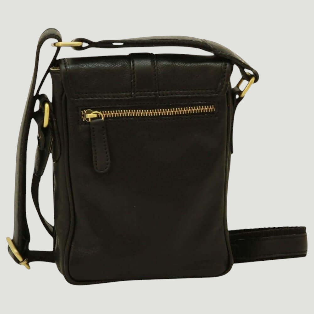 Borsa a tracolla in pelle nera con tasca frontale e zip dorata