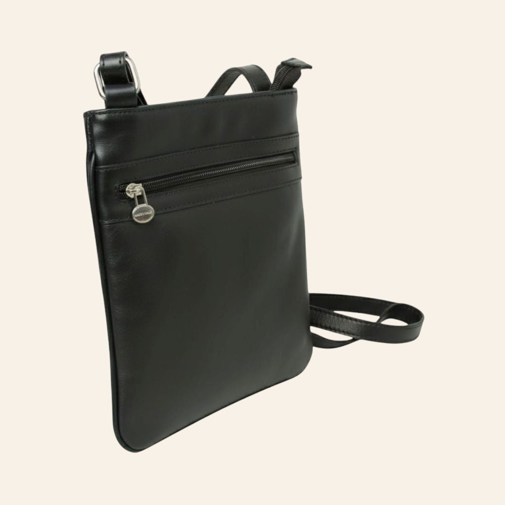 Borsa a tracolla Vetrina Fiorentina in pelle di vitello nera artigianale con chiusura a zip e tracolla regolabile
