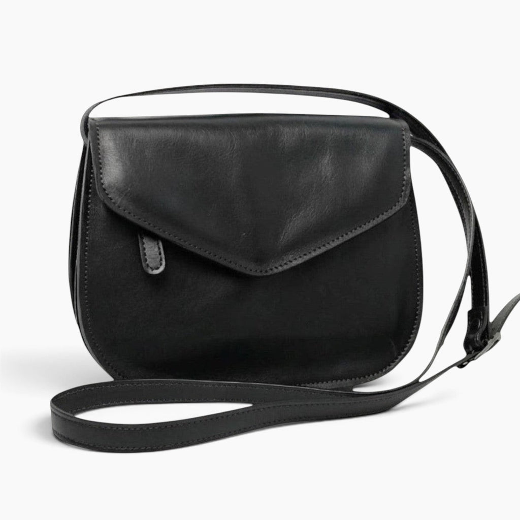 Borsa a tracolla Vetrina Fiorentina in pelle di vitello nera artigianale con patta e tracolla regolabile