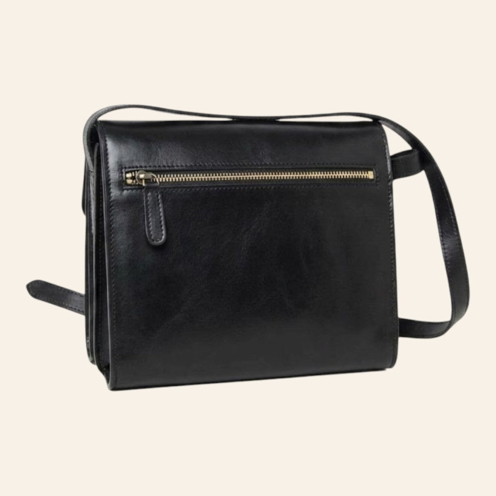 Borsa a tracolla Vetrina Fiorentina in pelle di vitello nera, vista posteriore con tasca con zip