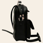 Borsa a tracolla Vetrina Fiorentina in pelle di vitello nera con tasca frontale e dettagli metallici, vista laterale