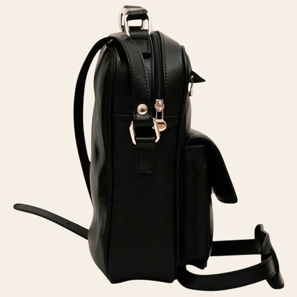 Borsa a tracolla Vetrina Fiorentina in pelle di vitello nera con tasca frontale e dettagli metallici, vista laterale