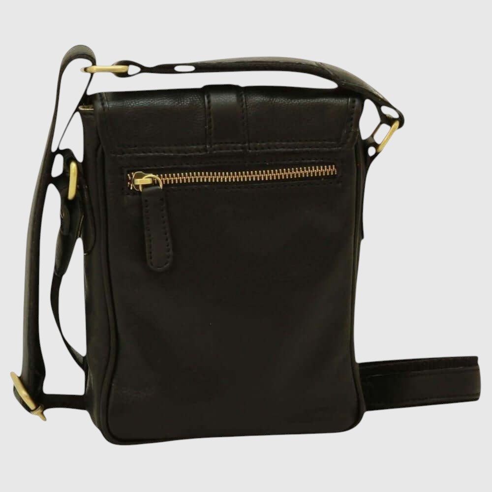 Borsa a tracolla in pelle nera con tasca frontale e zip dorata