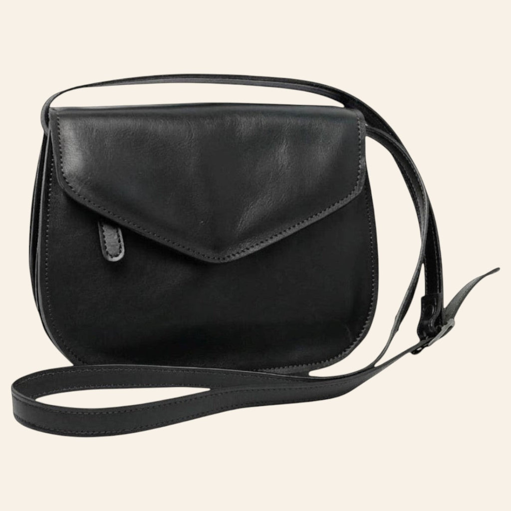 Borsa a tracolla Vetrina Fiorentina in pelle di vitello pieno fiore nera con pattina e tracolla regolabile
