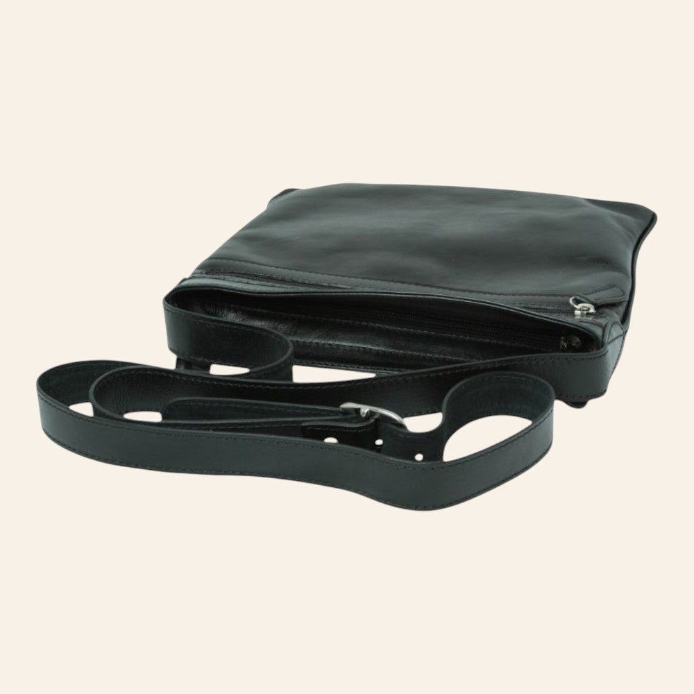 Borsa a tracolla Vetrina Fiorentina in pelle di vitello nera con chiusura a zip e tracolla regolabile