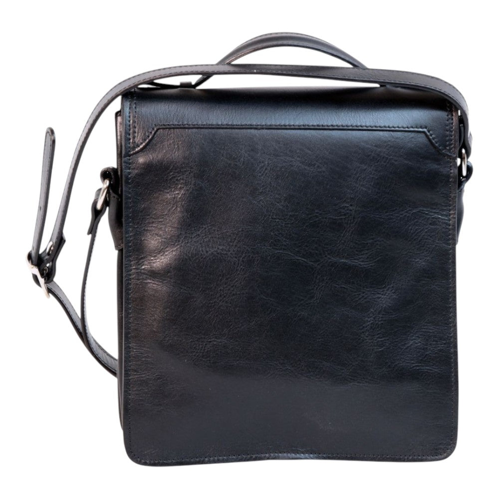 Borsa a tracolla Vetrina Fiorentina in pelle di vitello pieno fiore nera con tracolla regolabile e design artigianale