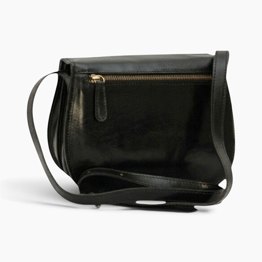 Borsa a tracolla Vetrina Fiorentina in pelle di vitello nera con tasca posteriore con zip e tracolla regolabile