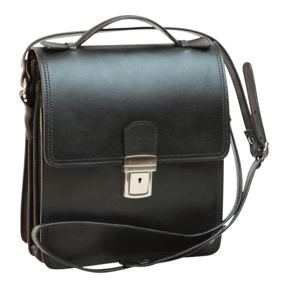 Borsa a tracolla Vetrina Fiorentina in pelle di vitello pieno fiore nera con chiusura a clip e tracolla regolabile