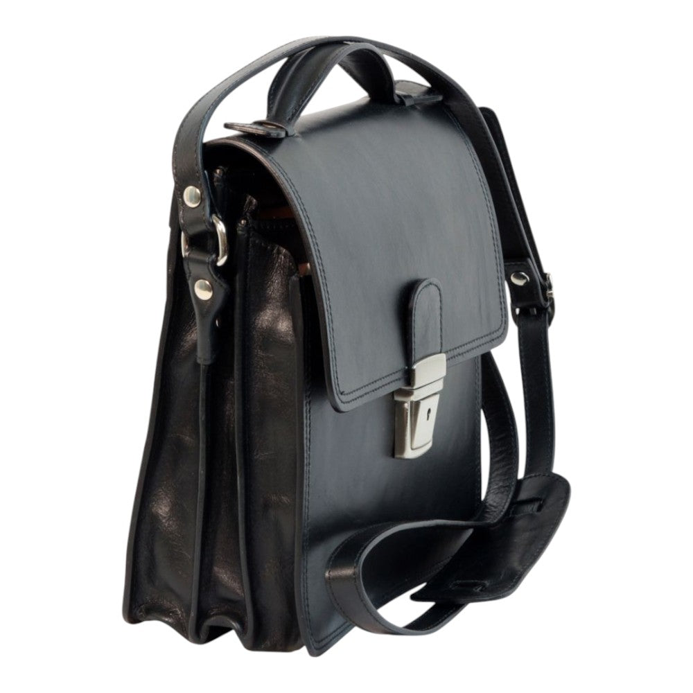 Borsa a tracolla Vetrina Fiorentina in pelle di vitello pieno fiore nera con chiusura a clip e tracolla regolabile