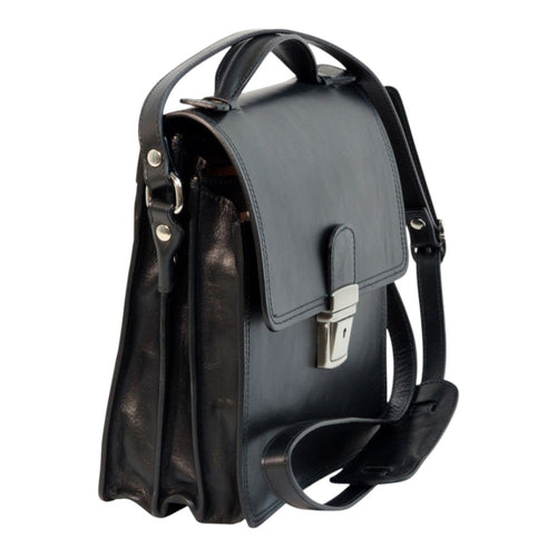 Borsa a tracolla Vetrina Fiorentina in pelle di vitello pieno fiore nera con chiusura a clip e tracolla regolabile
