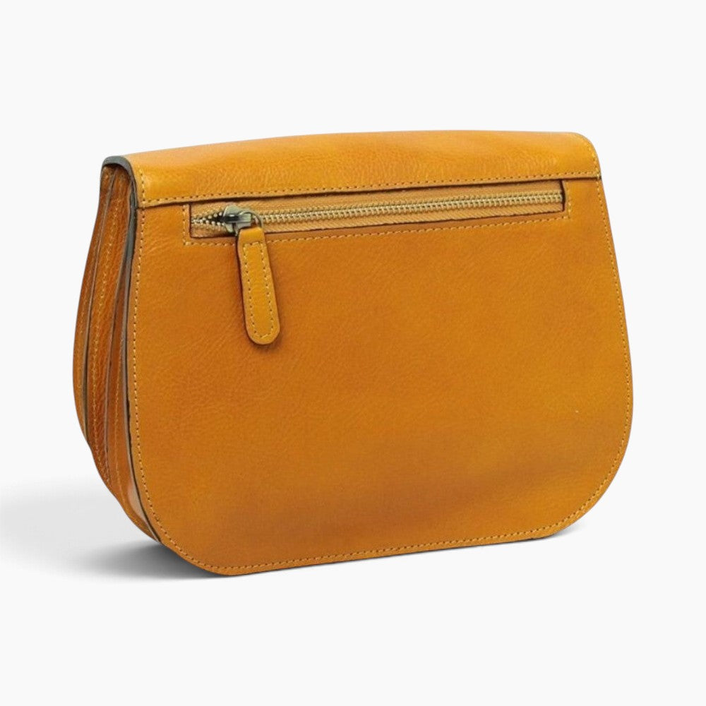 Borsa a tracolla Vetrina Fiorentina in pelle di vitello ocra con tasca posteriore con zip, design artigianale italiano