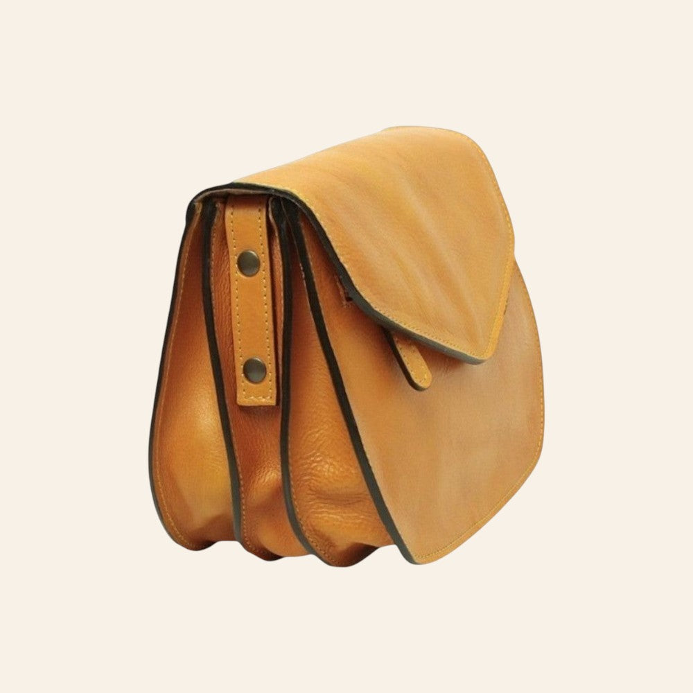 Borsa a tracolla Vetrina Fiorentina in pelle di vitello pieno fiore color ocra con design artigianale a tre scomparti