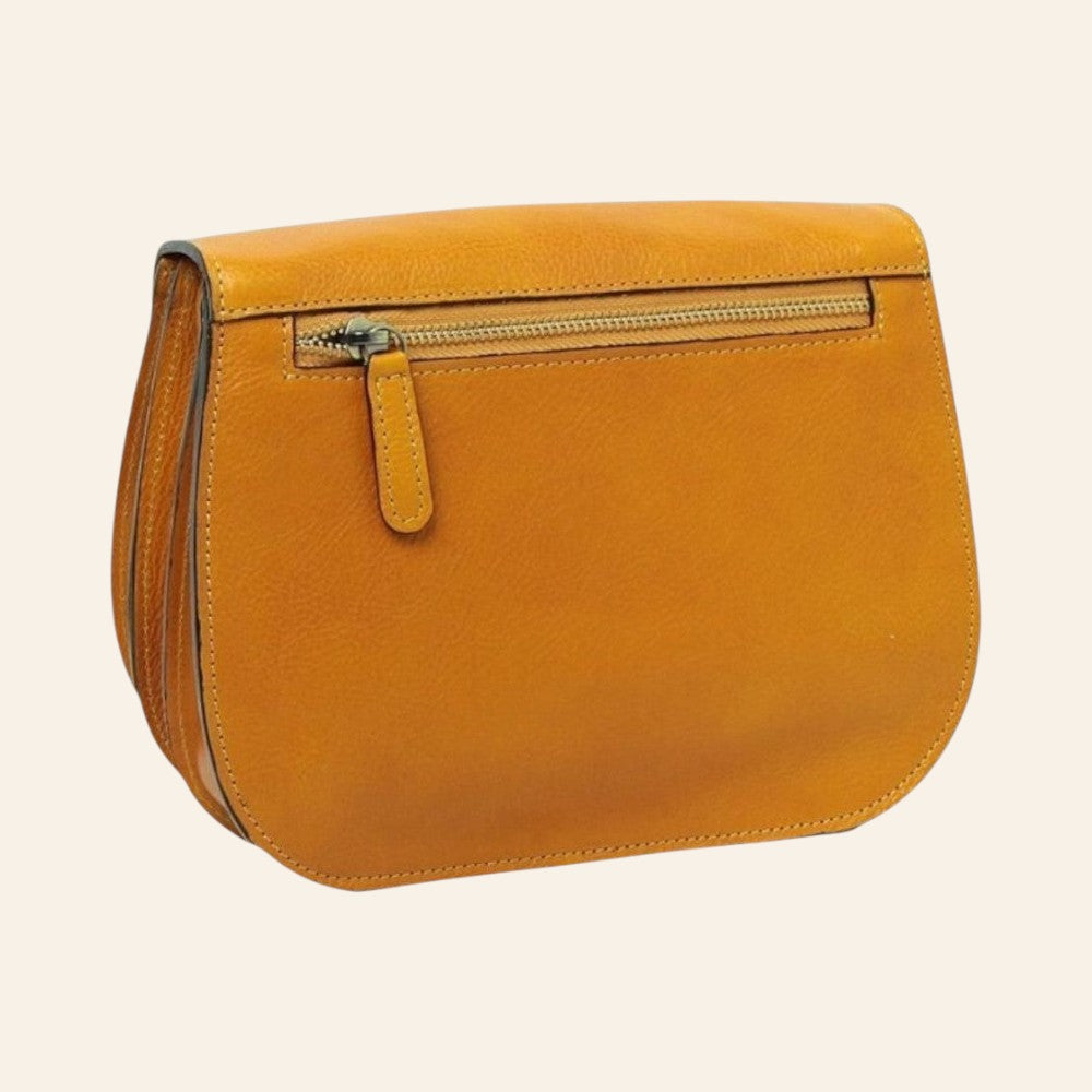 Borsa a tracolla Vetrina Fiorentina in pelle di vitello ocra con tasca posteriore con zip e finiture artigianali