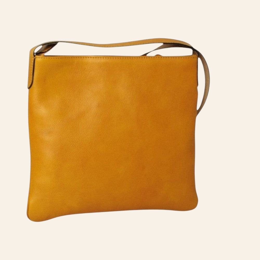 Borsa a tracolla Vetrina Fiorentina in pelle di vitello pieno fiore color ocra con tracolla regolabile