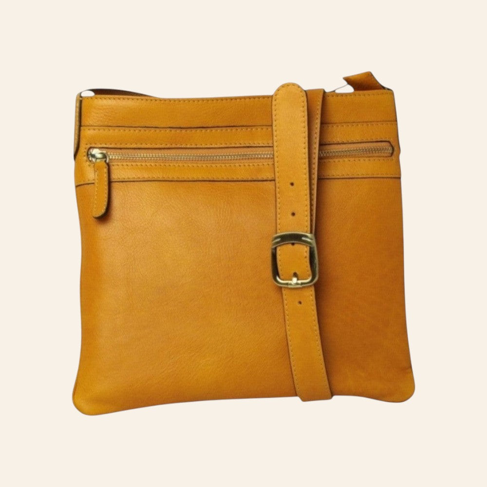 Borsa a tracolla Vetrina Fiorentina in pelle di vitello ocra con tasca frontale e tracolla regolabile