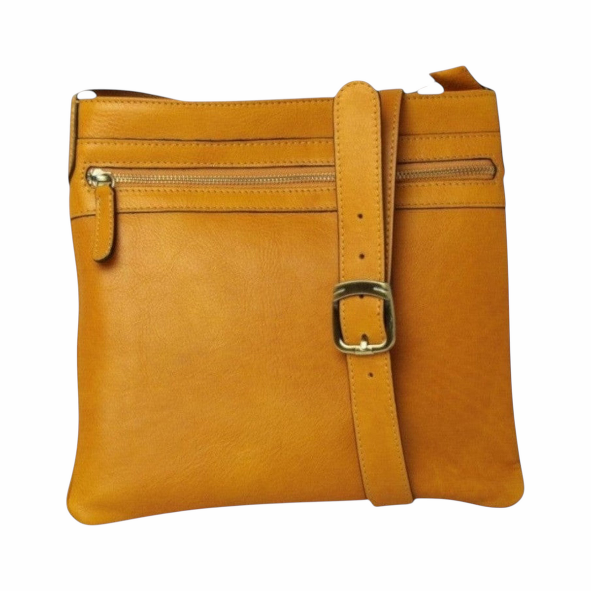 Borsa a tracolla Vetrina Fiorentina in pelle di vitello ocra con tasca frontale e tracolla regolabile