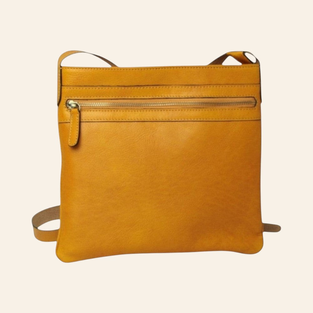 Borsa a tracolla Vetrina Fiorentina in pelle di vitello pieno fiore color ocra con tasca frontale e zip