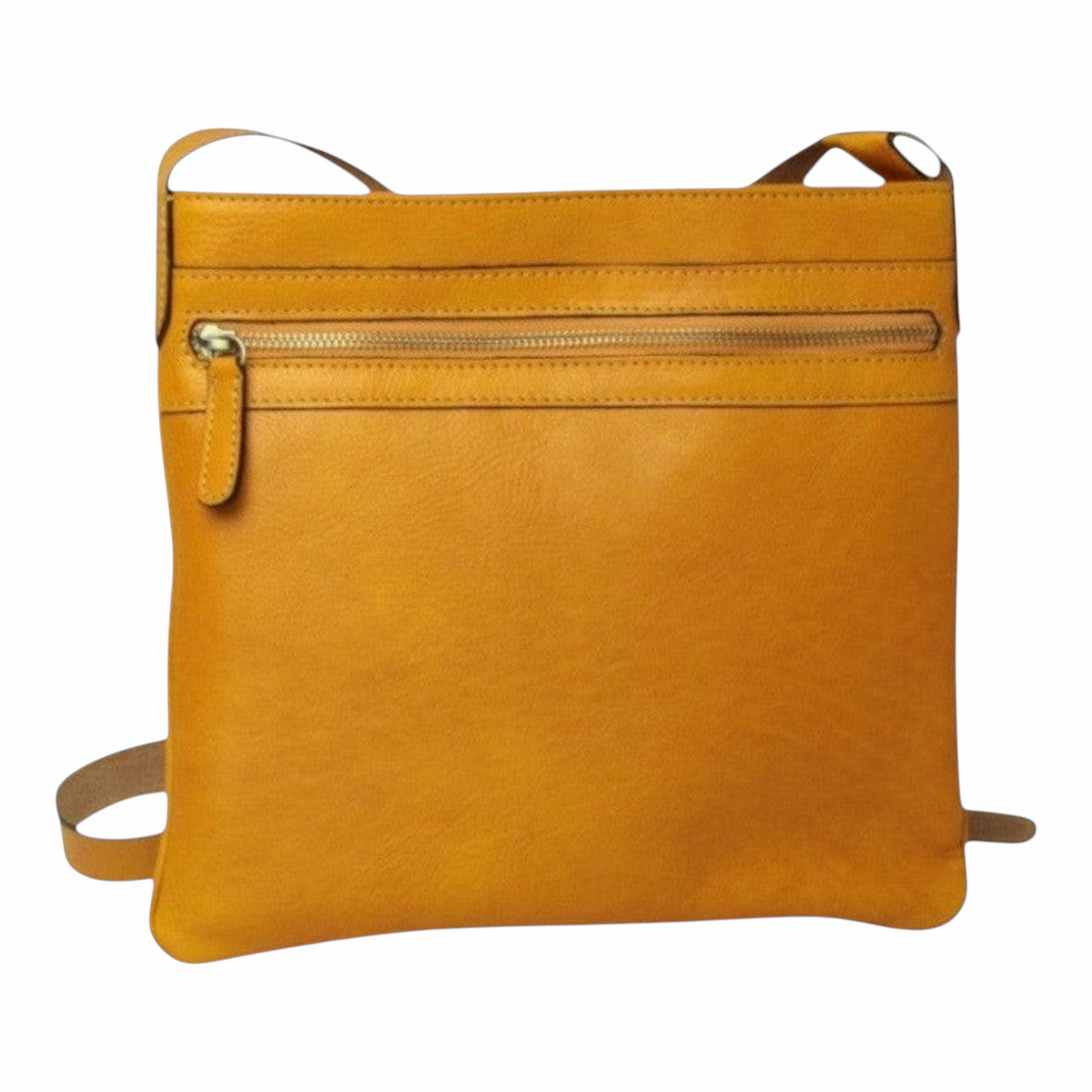 Borsa a tracolla Vetrina Fiorentina in pelle di vitello pieno fiore color ocra con tasca frontale e zip