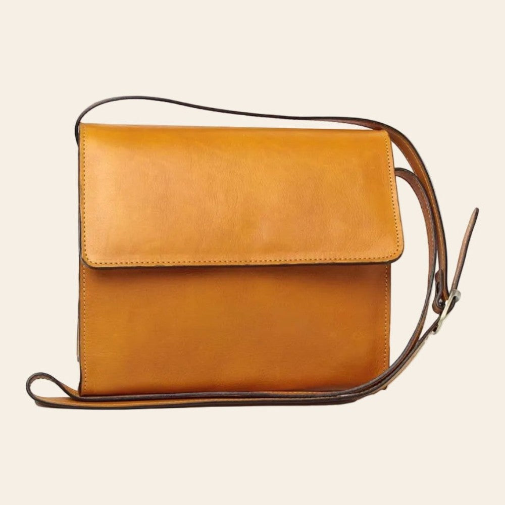 Borsa a tracolla Vetrina Fiorentina in pelle di vitello pieno fiore color ocra con tracolla regolabile