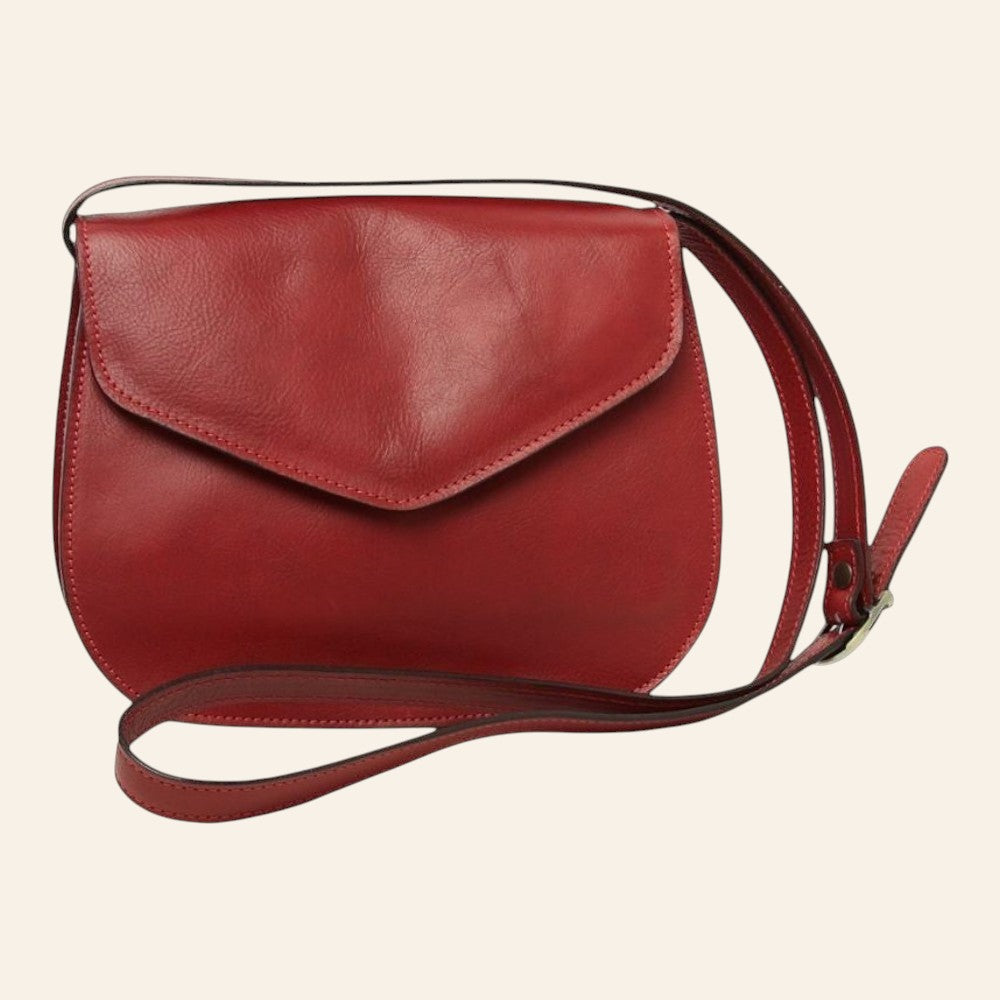 Borsa a tracolla Vetrina Fiorentina in pelle di vitello pieno fiore rossa con pattina e tracolla regolabile