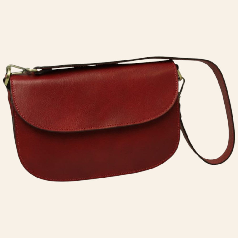 Borsa a tracolla in pelle di vitello pieno fiore rossa con pattina e tracolla regolabile
