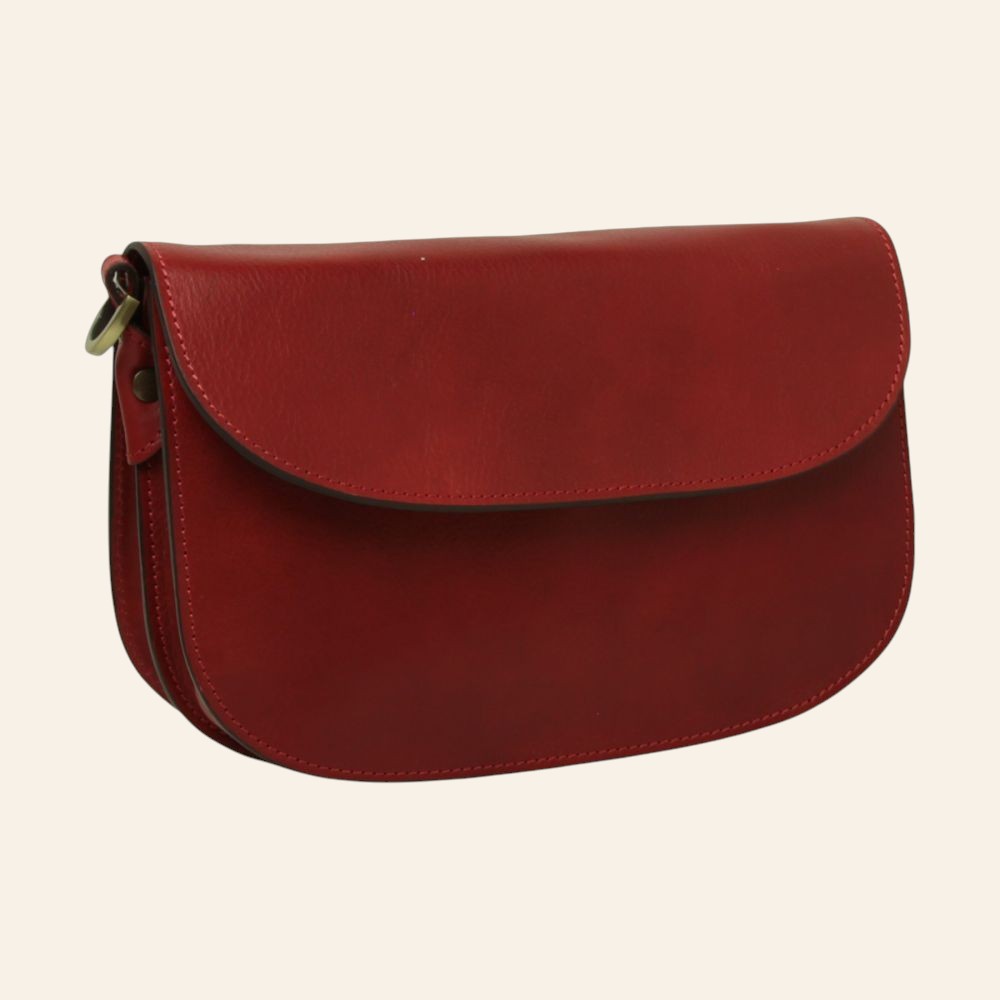 Borsa a tracolla in pelle di vitello pieno fiore rossa con pattina e finitura artigianale
