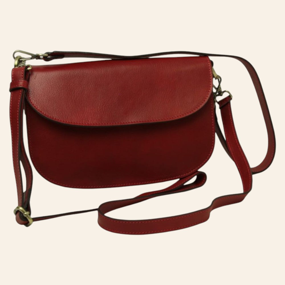 Borsa a tracolla in pelle di vitello pieno fiore rossa con pattina e tracolla regolabile