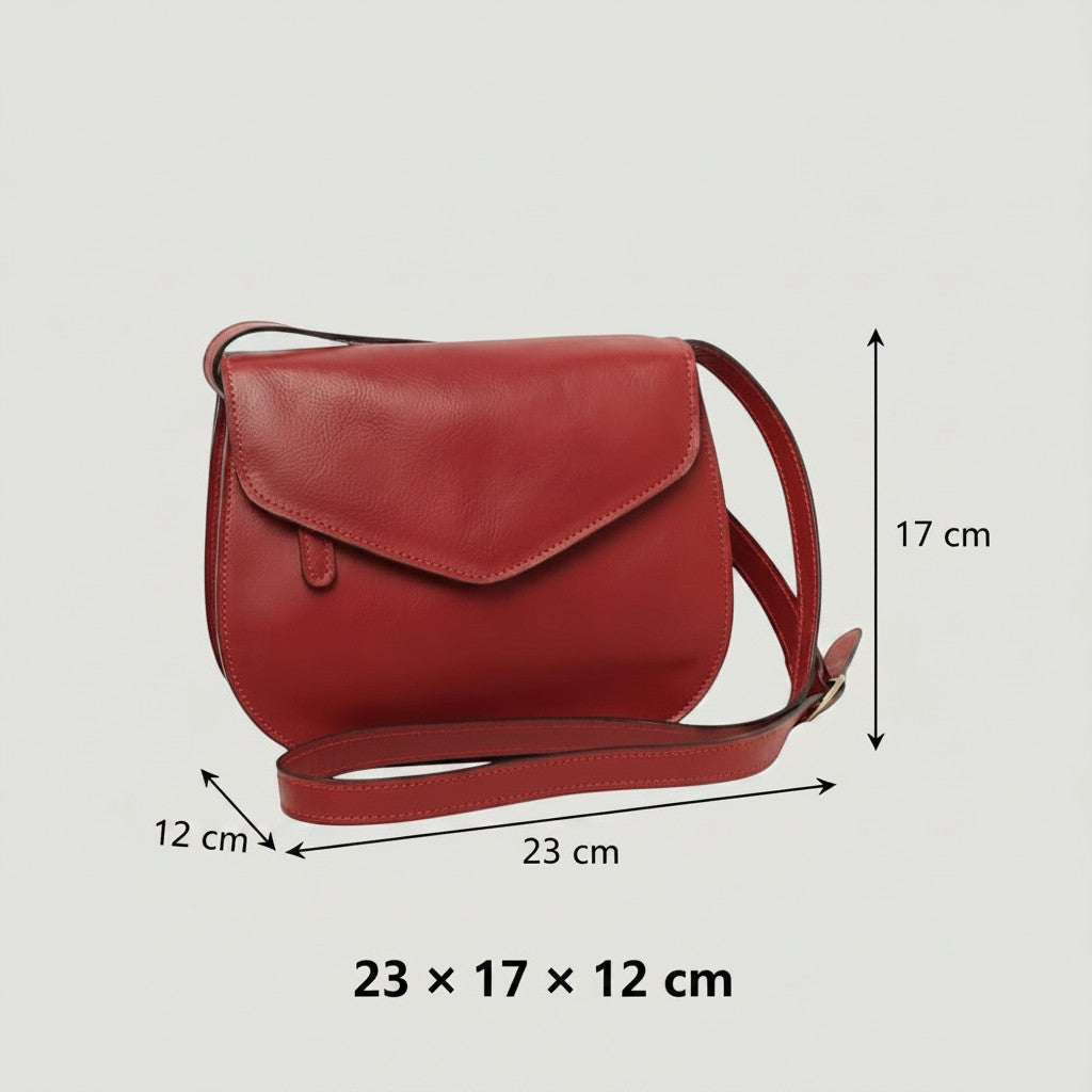 Borsa a tracolla Vetrina Fiorentina in pelle di vitello pieno fiore rossa con dimensioni indicate