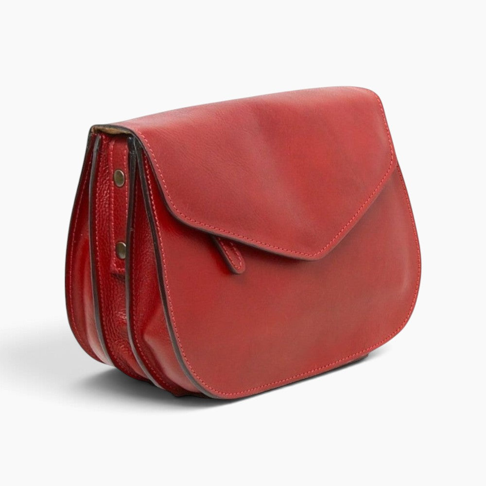 Borsa a tracolla Vetrina Fiorentina artigianale in pelle di vitello rossa con patta e scomparti multipli