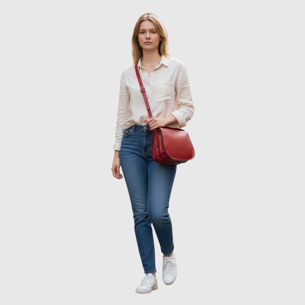 Borsa a tracolla rossa in pelle con tracolla lunga e tasca con zip