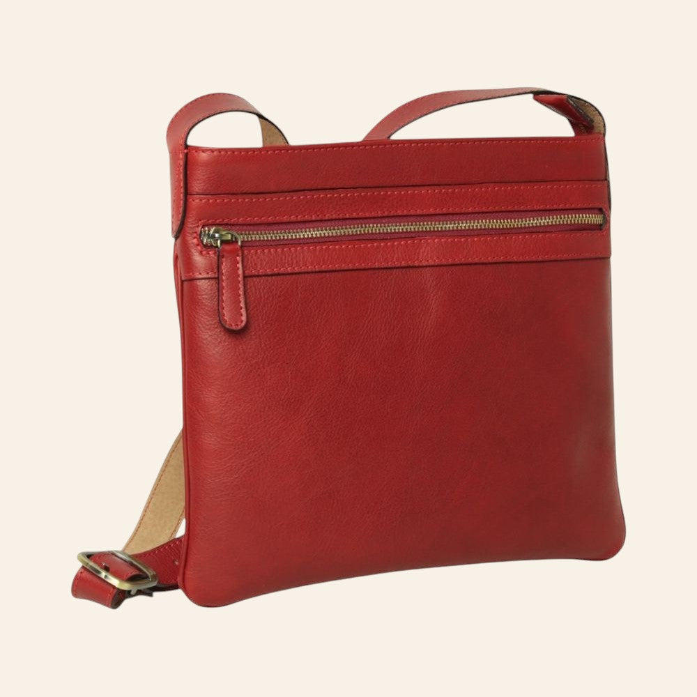 Borsa a tracolla Vetrina Fiorentina in pelle di vitello rosso pieno fiore con tasca esterna e tracolla regolabile