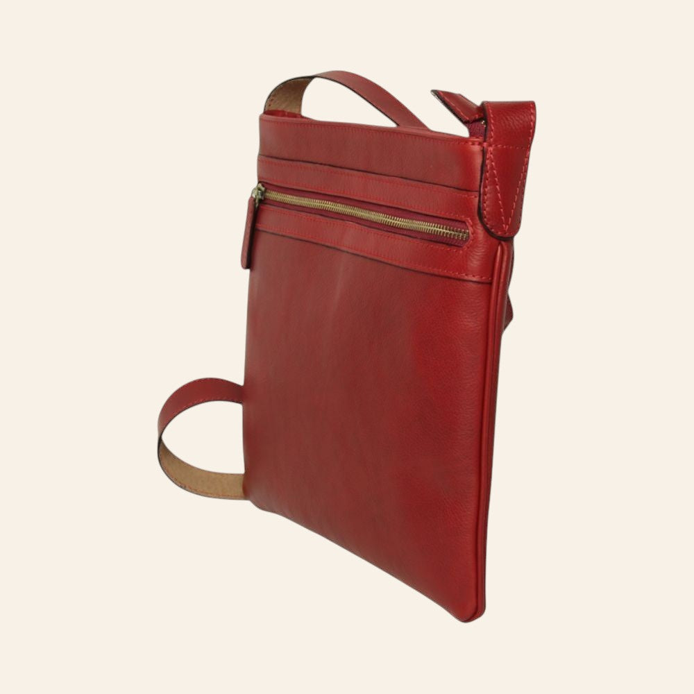 Borsa a tracolla Vetrina Fiorentina in pelle di vitello rosso artigianale con tasca esterna e zip