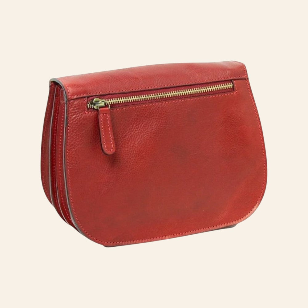 Borsa a tracolla Vetrina Fiorentina in pelle di vitello rosso con tasca posteriore con zip e finiture artigianali
