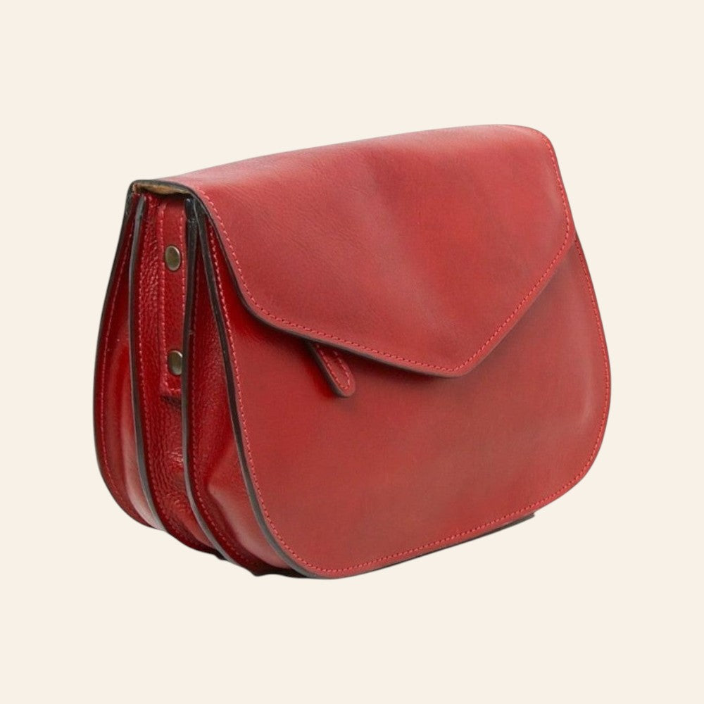 Borsa a tracolla Vetrina Fiorentina in pelle di vitello pieno fiore rossa con design artigianale e pattina frontale