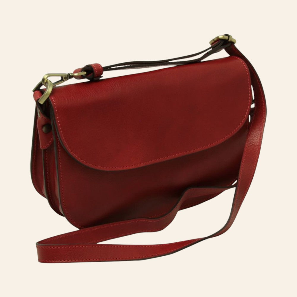 Borsa a tracolla in pelle di vitello pieno fiore rossa con chiusura magnetica e tracolla regolabile