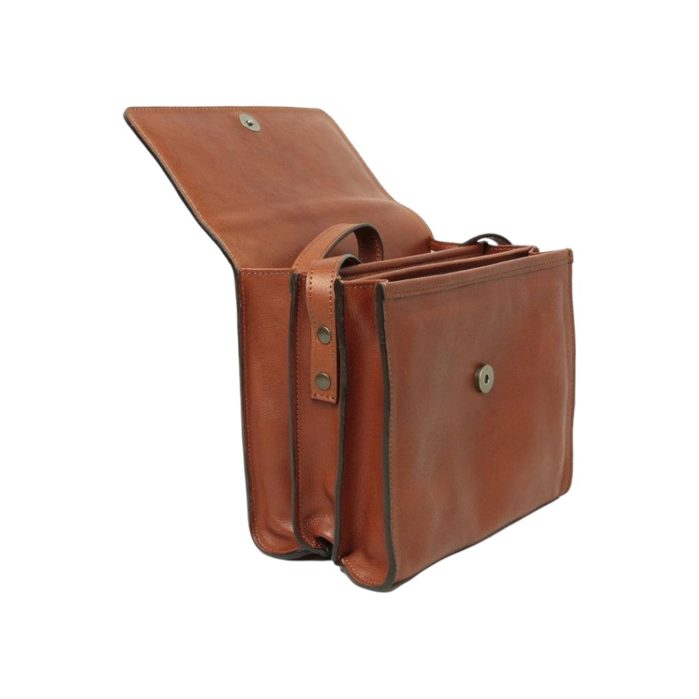 Borsa a tracolla Vetrina Fiorentina in pelle di vitello pieno fiore color teak con scomparti interni e chiusura