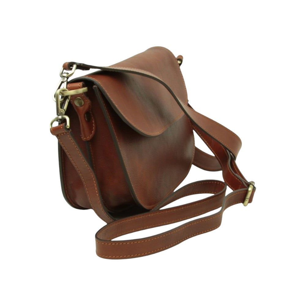 Borsa a tracolla Vetrina Fiorentina in pelle di vitello pieno fiore color teak con chiusura a pattina e tracolla