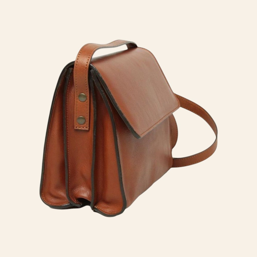 Borsa a tracolla Vetrina Fiorentina in pelle di vitello color teak con tre scomparti e tracolle rimovibili
