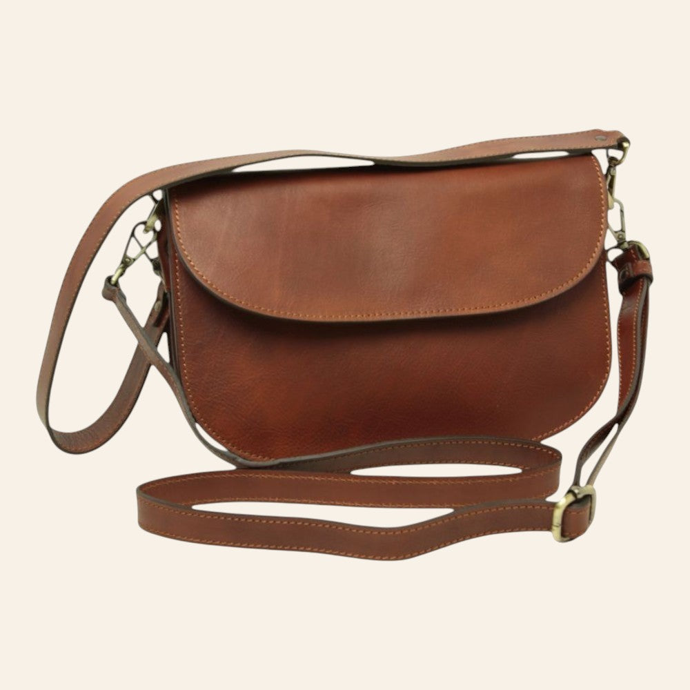 Borsa a tracolla Vetrina Fiorentina in pelle di vitello color teak con pattina e tracolla regolabile artigianale