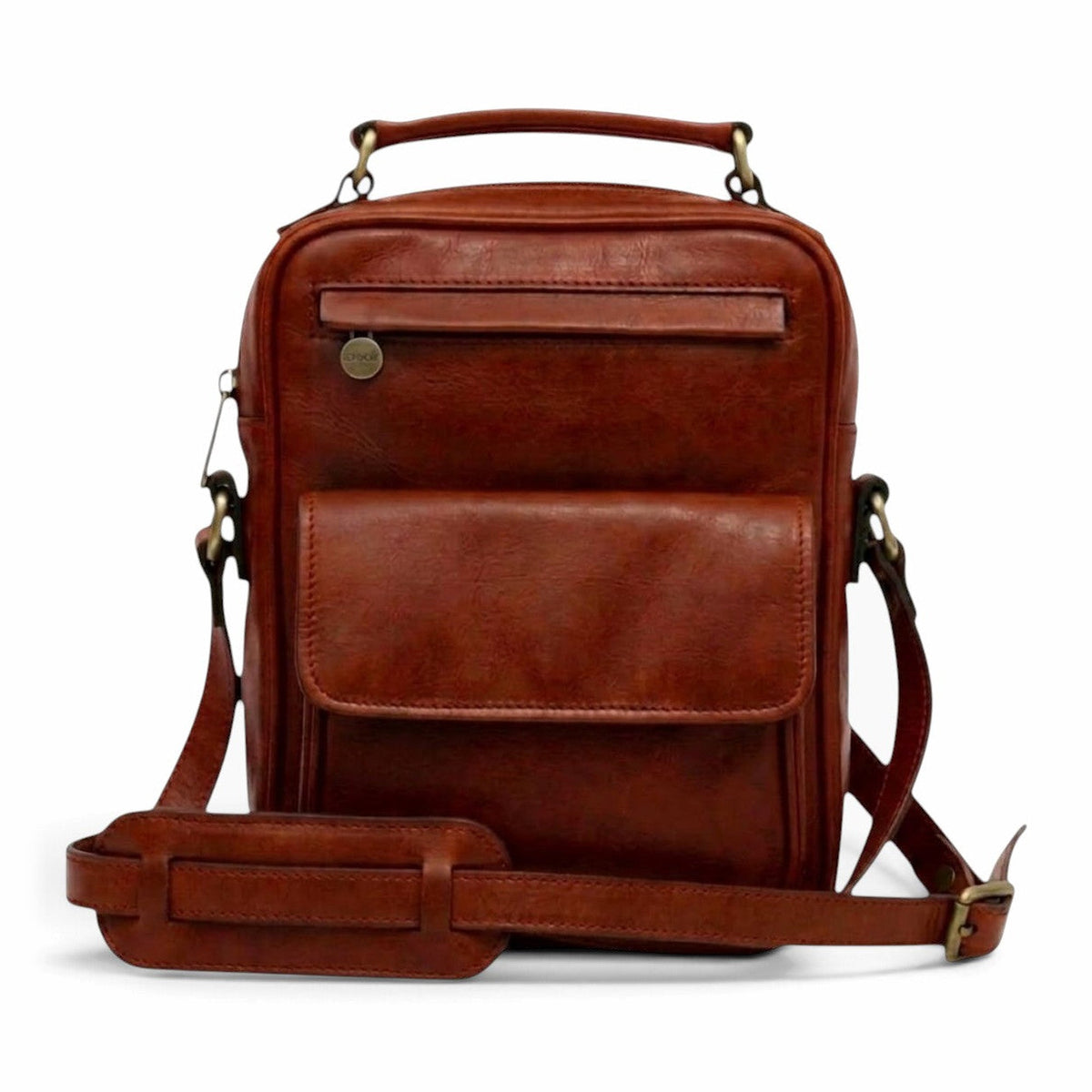 Borsa a tracolla Vetrina Fiorentina in pelle pieno fiore color teak con tasca frontale e tracolla regolabile