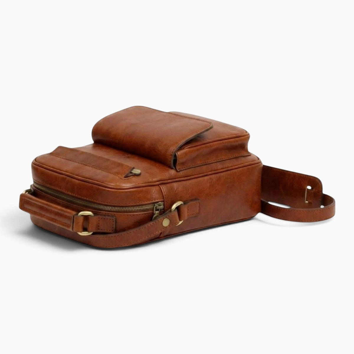 Borsa a tracolla Vetrina Fiorentina in pelle pieno fiore color teak con tasca frontale e tracolla regolabile