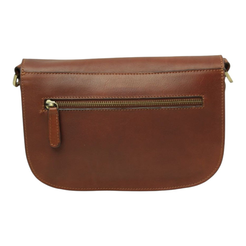 Borsa a tracolla Vetrina Fiorentina in pelle di vitello color teak con tasca posteriore con cerniera